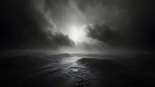 Backlit stormfront over low ocean swells with high contrast volumetrics