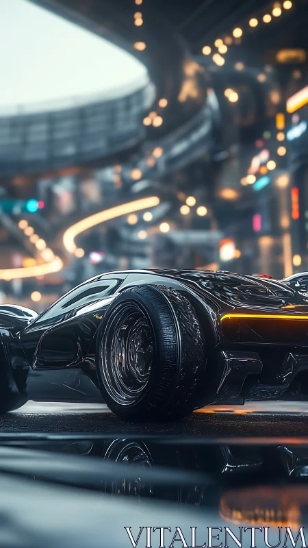 Midnight street racer gliding through neon city lights.