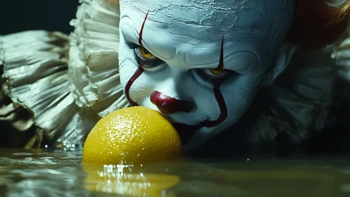 Clown face in water bites orange with intense direct stare