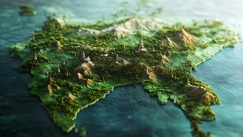 Fantasy island map with forests, mountains, towers, coastline.