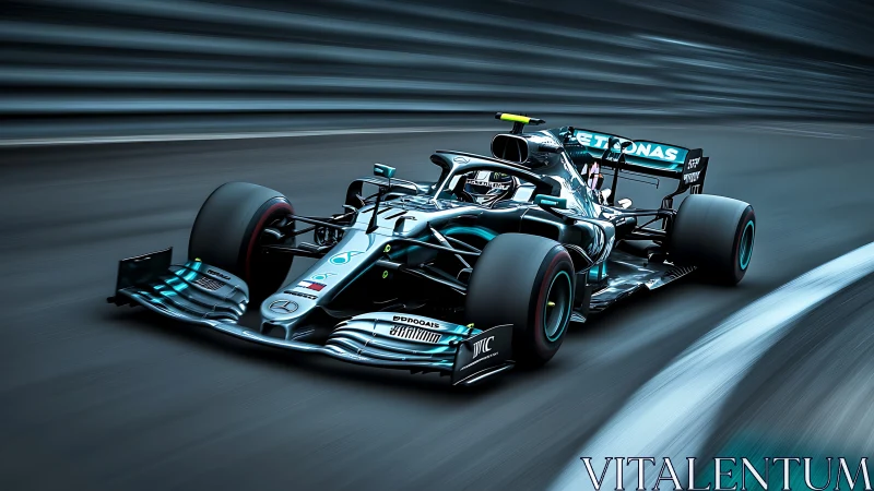 High-downforce F1 car cornering with motion-blur speed rendering