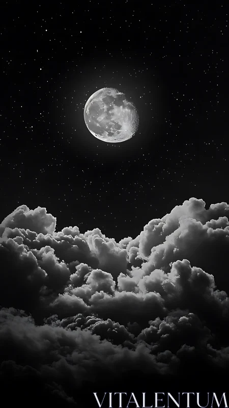 Full moon over dense night clouds and bright stars.