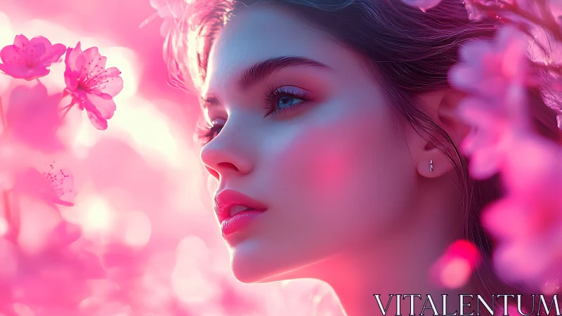 Digital portrait of woman among vivid pink blossoms.