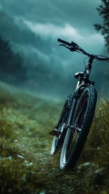 Mountain bike positioned on trail with dramatic stormy sky overhead