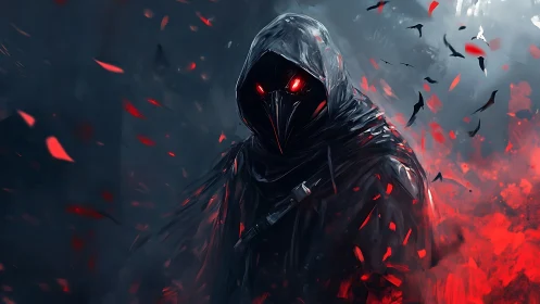 Hooded plague doctor stands in red embers and rising smoke