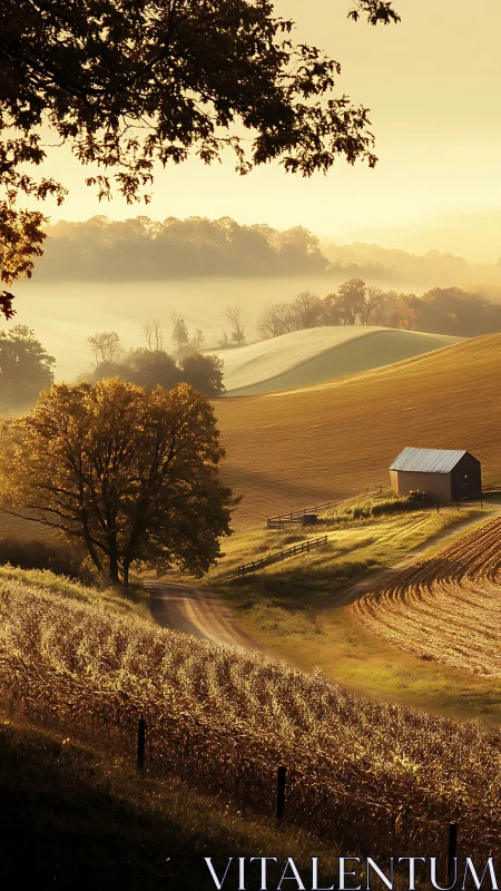 Sunlit rural farmland valley with barn and autumn fields.