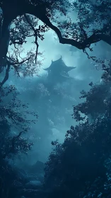 Distant pagoda structure appears through dense misted forest
