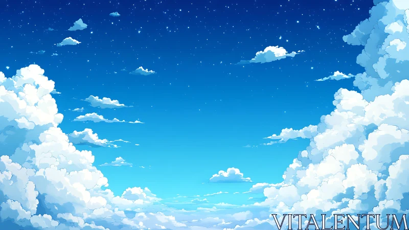 Cloud kingdoms drift beneath a star-sprinkled blue sky.