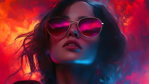 Woman with neon sunglasses stares upward through blazing colors