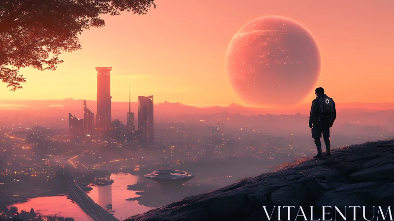 Lone wanderer greeting a neon dawn beneath colossal planet.