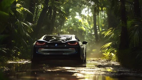 Hybrid sports coupe penetrates lush tropical rainforest trail.