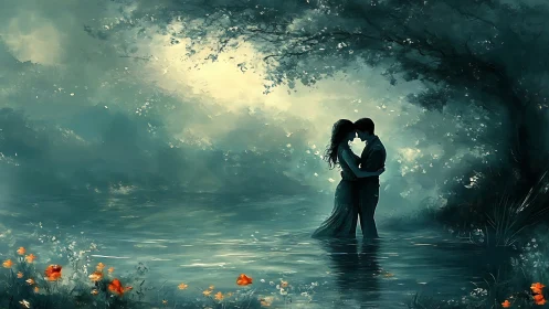 Luminescent Embrace: Silhouetted Couple Within Ethereal Water.
