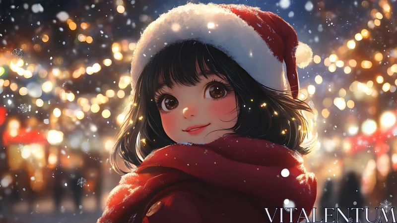 Warm holiday night portrait of smiling girl in red scarf.