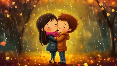Autumn Romance Embrace: Couple in Luminous Seasonal Setting with Leaf Particles