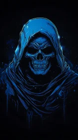 Hooded skeletal figure rendered in blue on dark field.