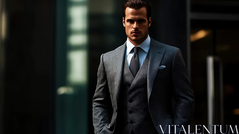 Confident businessman in a sharp gray suit outdoors.