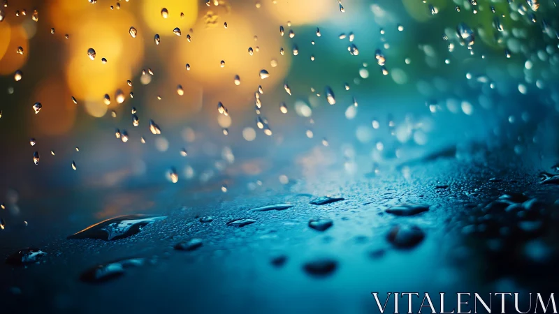 Macro view of falling raindrops over wet reflective surface.