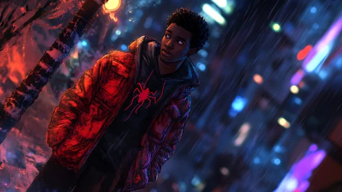 Urban teen in red jacket under neon rain, night city alley