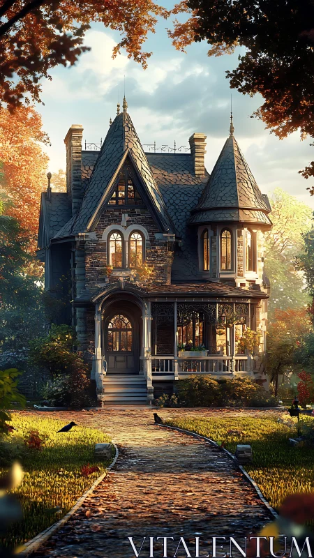 Victorian turreted manor rendered in high-detail digital painting