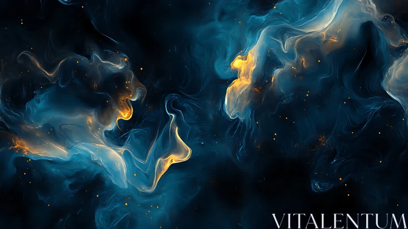 Blue and gold swirling nebula clouds in deep space