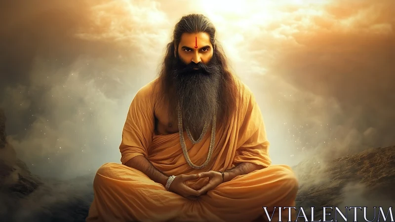 Serene bearded sage meditating in warm golden light.