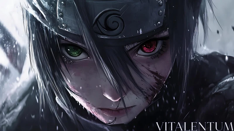 Battle worn anime ninja with intense mismatched eyes.