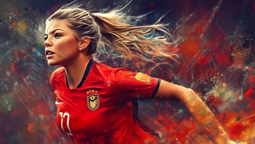 Kinetic digital portrait of sprinting football forward in red kit.