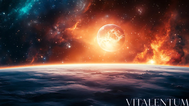 Fiery alien sun rises above frozen horizon of distant world