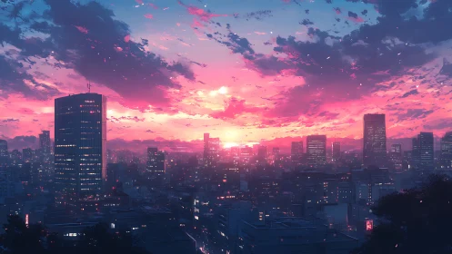 Neon dusk skyline over dense futuristic city horizon.