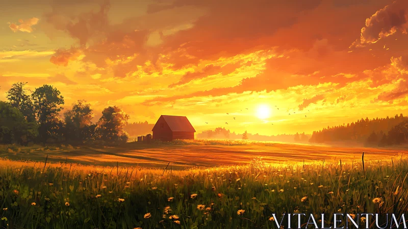 Golden rural sunset over field with distant red barn.