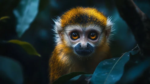 Small monkey in dense forest foliage, low light portrait.