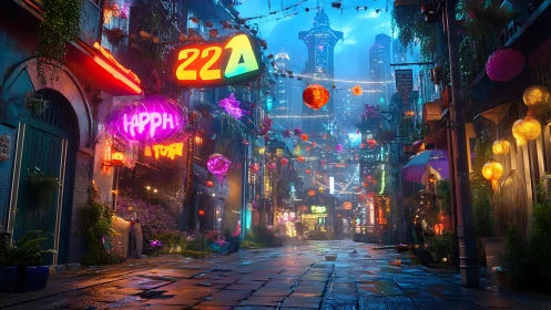 Neon alley glows under rainy cyberpunk skyline at night