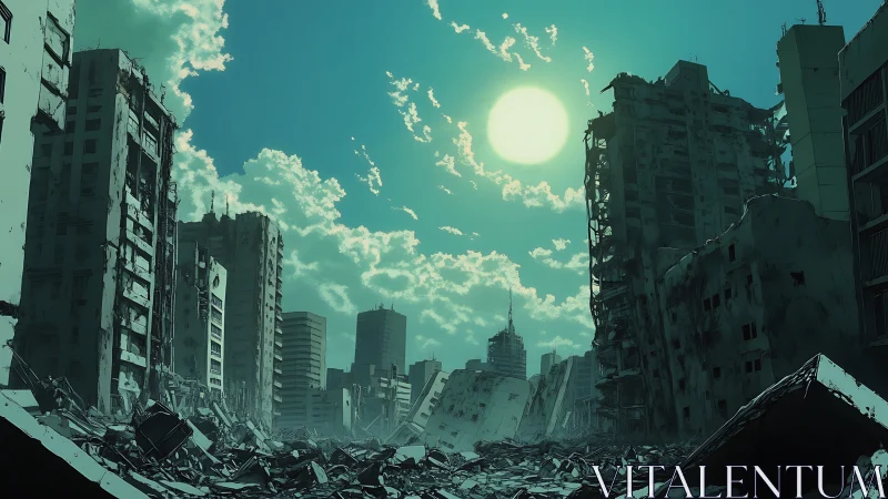 Ruined city skyline under harsh teal daylight sun.