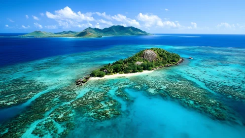 Aerial view of tropical island formation with coral reef system.