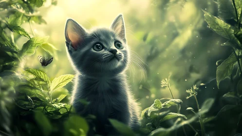 Black Kitten Gazing Upward Through Verdant Garden Setting.