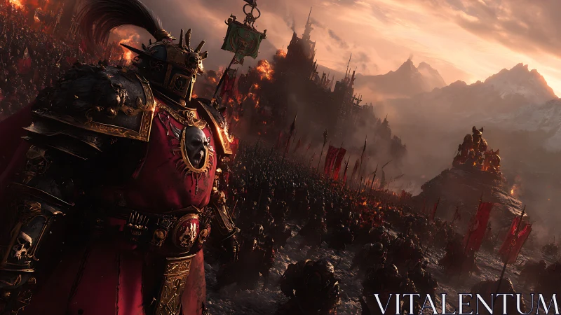 Warrior king leading a fiery army toward stormy horizons.