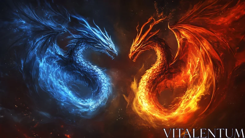 Twin elemental dragons dance in swirling fire and frost