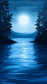 Moonlit lake corridor framed by silhouetted pine trees.