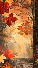 Crimson maple leaves swirl through a softly burning sky