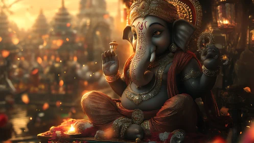 Golden-hour render of ornate Ganesha idol in ceremonial shrine