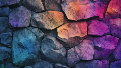 Iridescent stone wall under dramatic gradient lighting.