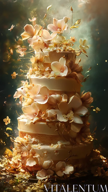 Elegant multi-tiered wedding cake with cascading orchid flowers.