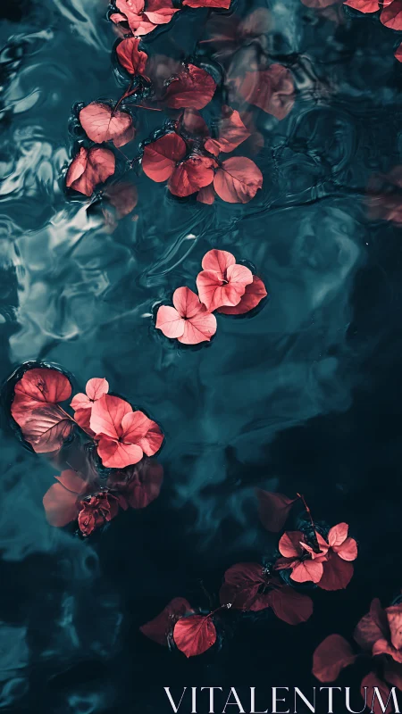 Coral Petals Floating in Teal Waters: Aerial Botanical Study.