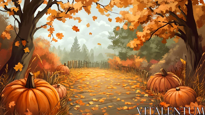 Golden autumn lane with cozy pumpkins and drifting leaves.