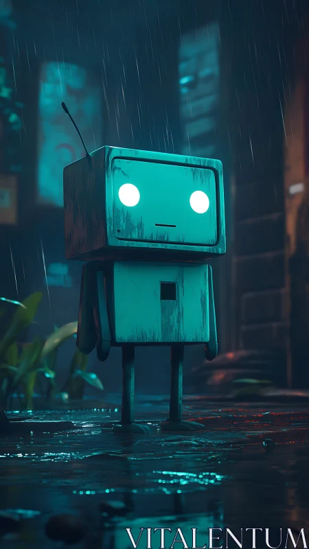 Small teal robot standing in rainy neon alleyway at night.