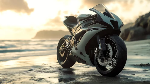 Sleek sport motorcycle resting by a golden sunset shore.