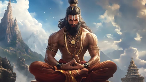 Muscular sage in padmasana amid hyper-detailed Himalayan temples