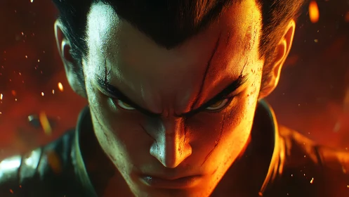 Fierce warrior gaze framed by sparks and molten light.