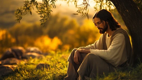 Contemplative robed figure resting under sunlit olive tree.