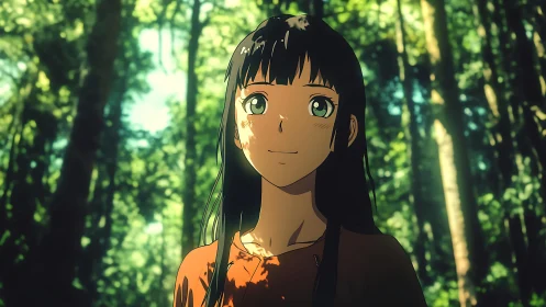 Anime girl standing in sunlit forest environment.